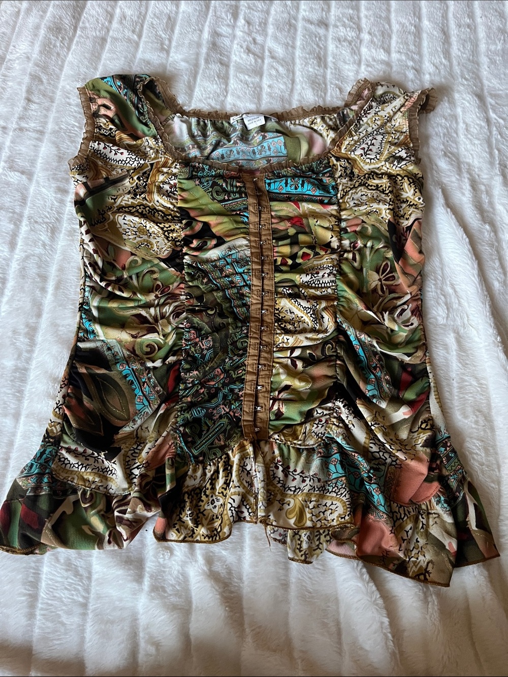 Dressbarn Multicolor Paisley Y2K Ruffle Cap-Sleeve Blouse
